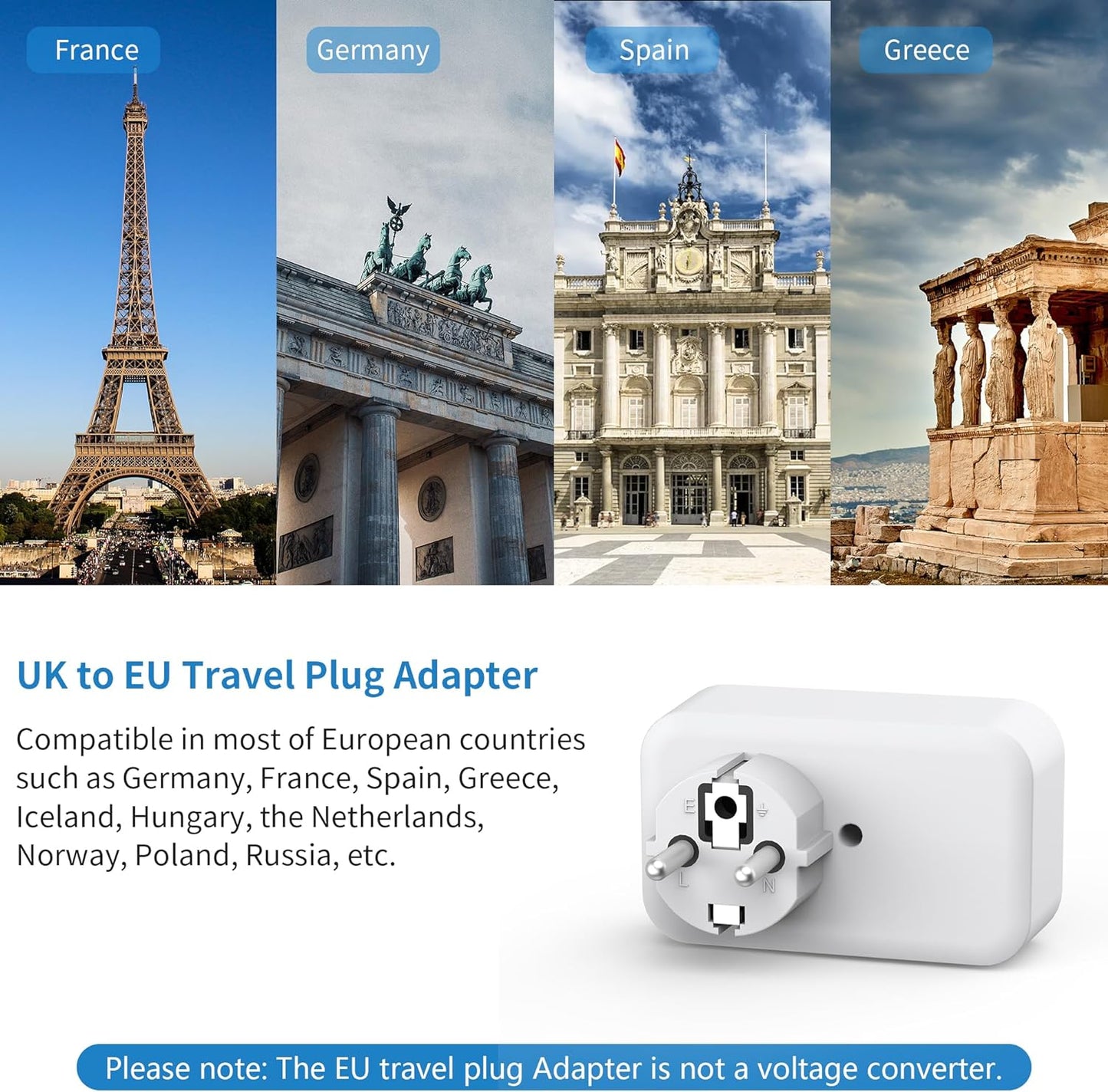 UK to European Plug Adapter with 3 USB, Travel Adapter Plug UK to EU Europe, Euro Schuko Grounded Charger for Germany France Spain Turkey Greece Iceland, Type E/F Plug Adaptor