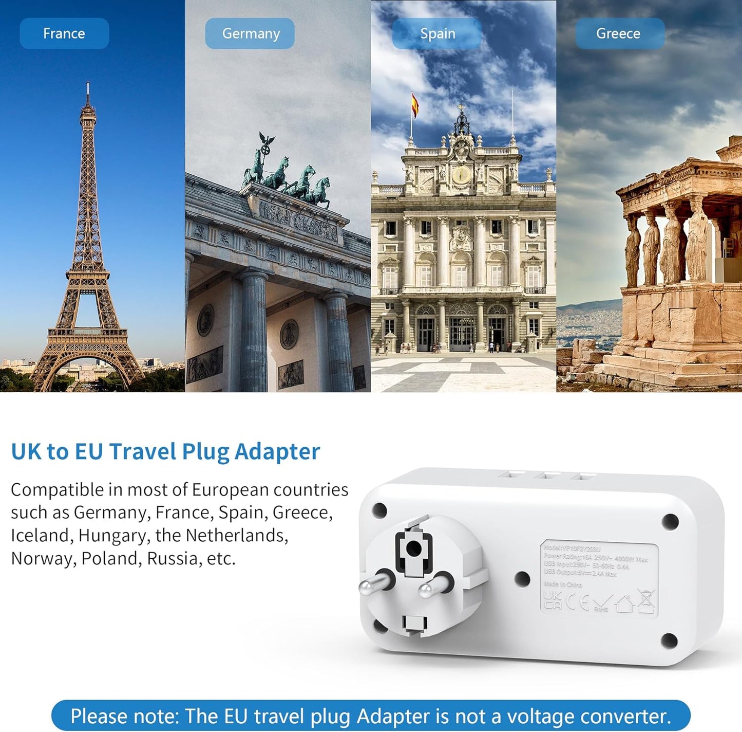 UK to European 2Gang Travel Plug Adaptor with 3 USB-A, Type E/F for Germany France Spain Turkey Greece