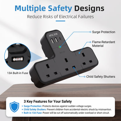 315° Black Plug Extension Socket, 6 in 1 Multi Plug Adopter 3 Way 3 USB, 13A Fuse Surge Protection Wall Socket UK Adapter, Widened Spacing Compact Portable Power Strip for Home Office Travel